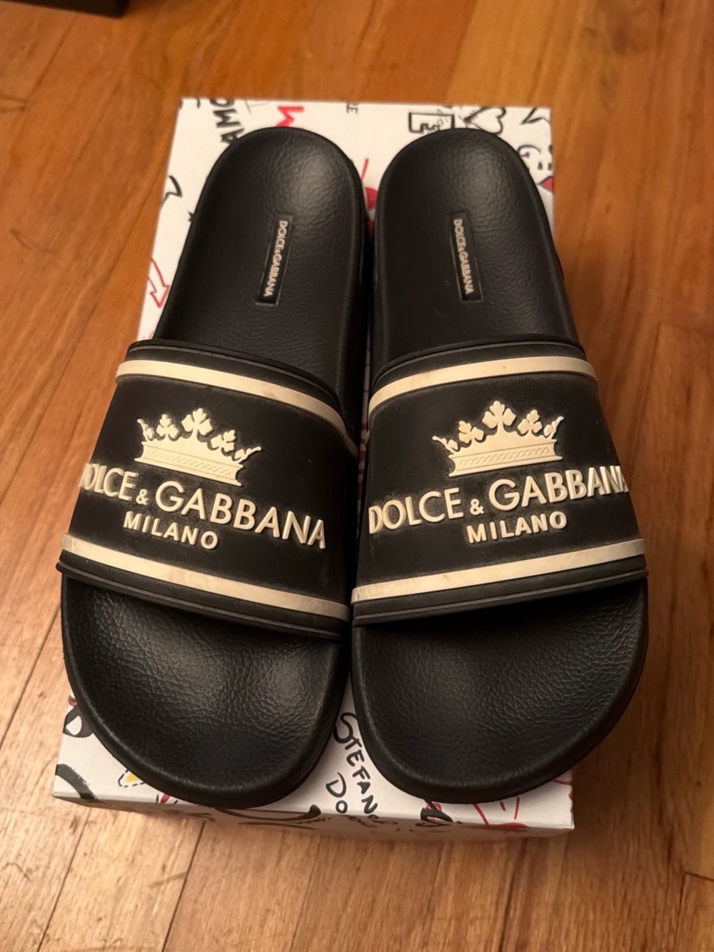 Dolce & Gabbana Black and Gold Milano Logo Slide Sandals
